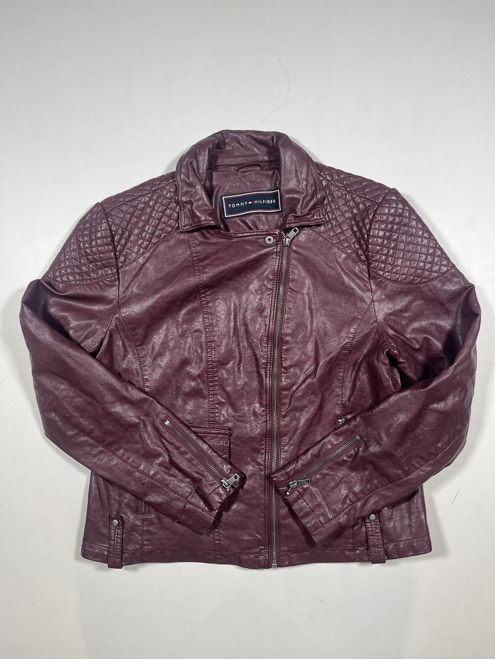 Tommy Hilfiger Jacket Womens Large Red Faux Leather Moto Biker Quilted Zip Short